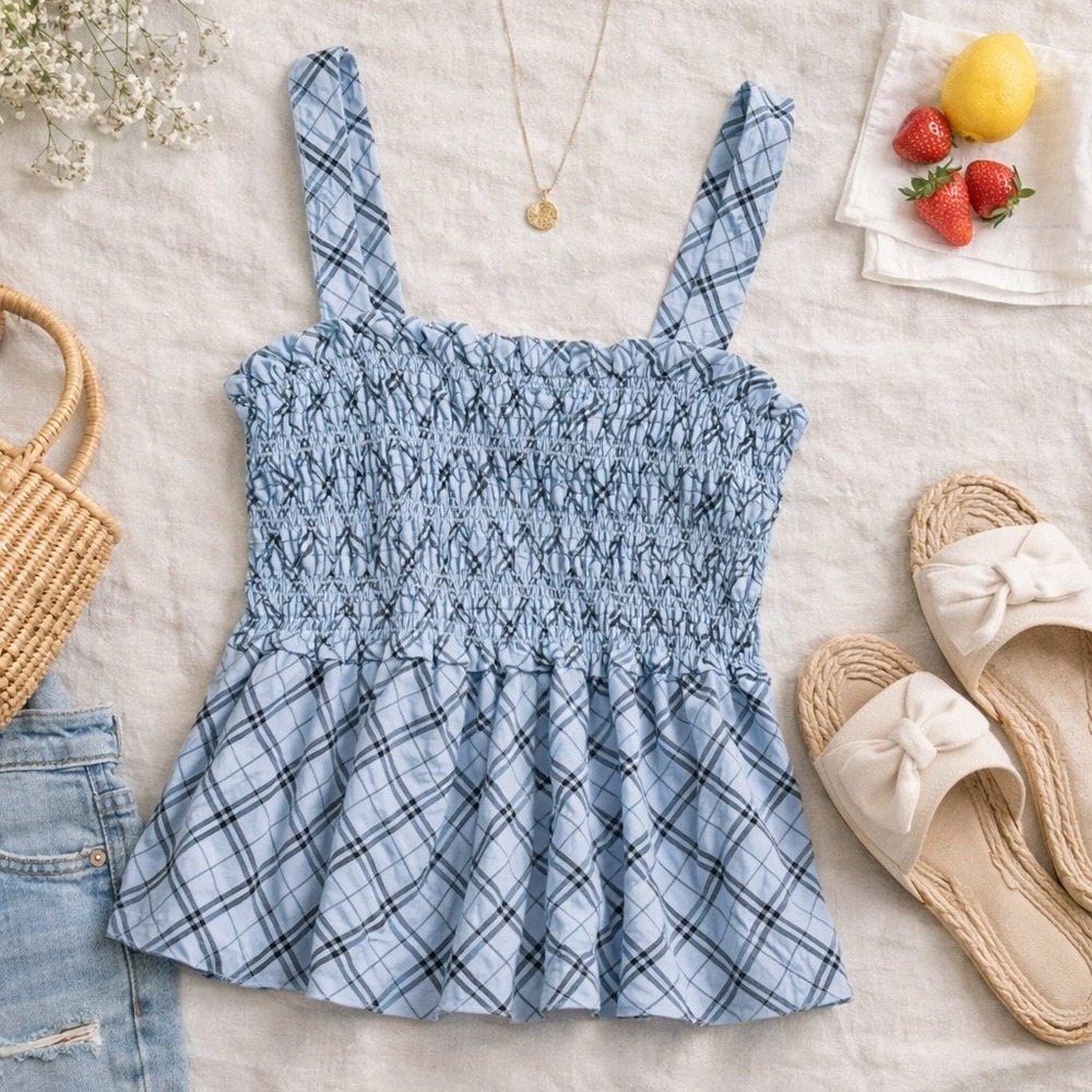 J.Crew‎ Smocked Plaid Babydoll Tank Blue Cottagecore Picnic Top NWT 3X Cotton